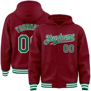 Custom Crimson Kelly Green-White Bomber Full-Snap Varsity Letterman Hoodie Jacket