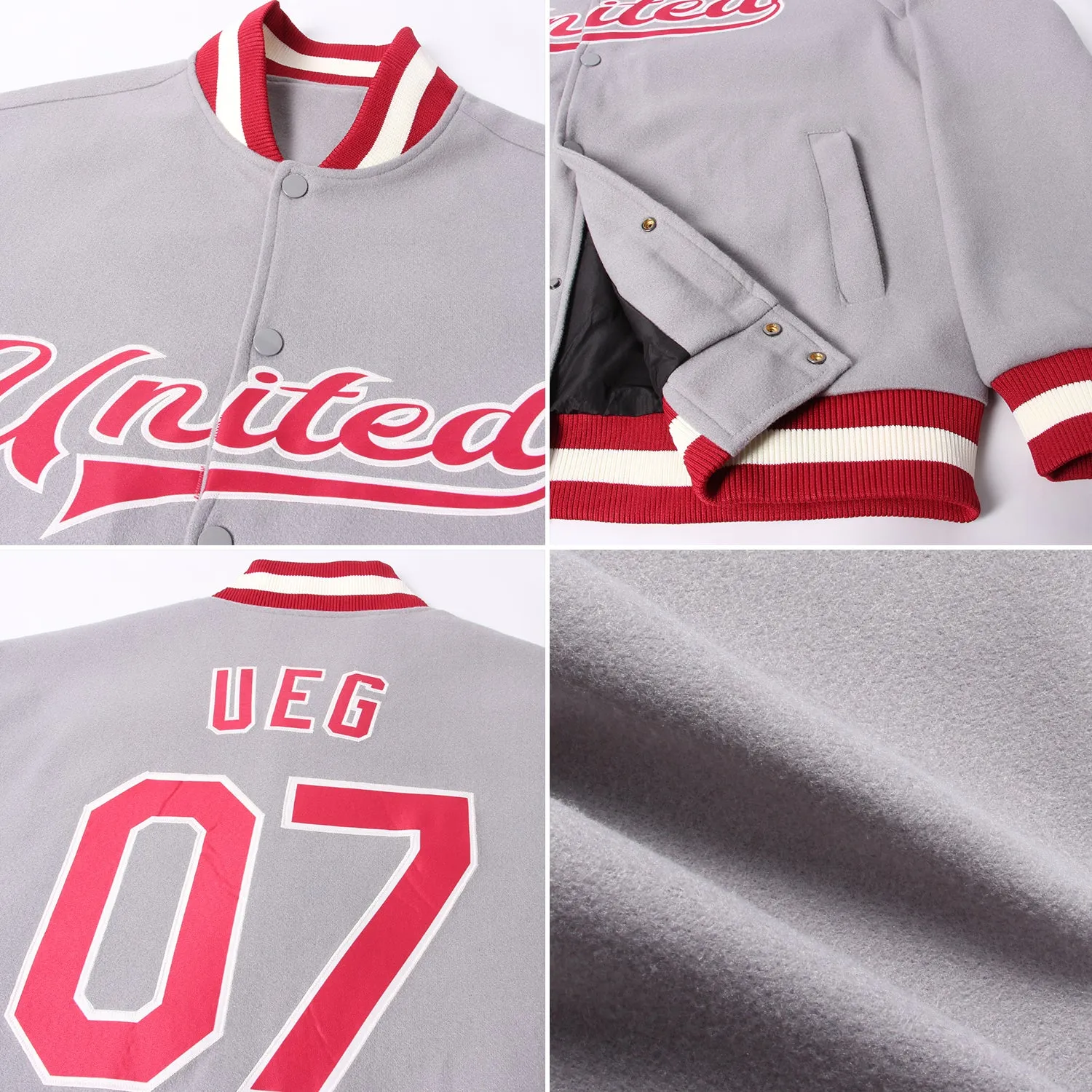 Custom Gray Maroon-Cream Bomber Full-Snap Varsity Letterman Jacket