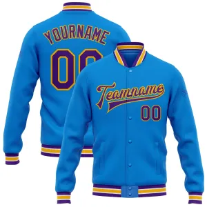 Custom Powder Blue Purple-Gold Bomber Full-Snap Varsity Letterman Jacket