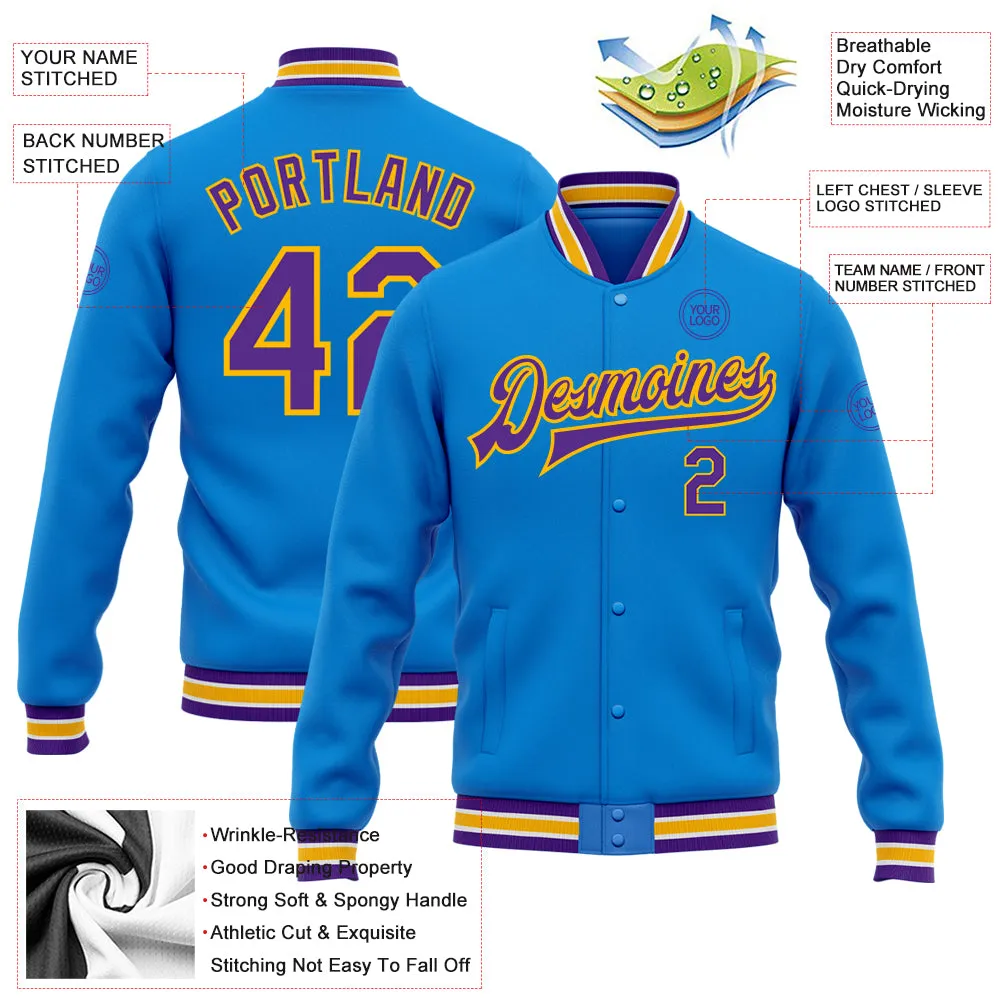 Custom Powder Blue Purple-Gold Bomber Full-Snap Varsity Letterman Jacket