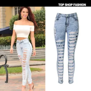 Cut Out Rough Holes High Waist Long Skinny Denim Pants