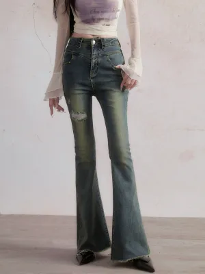 Damaged slim flared denim pants