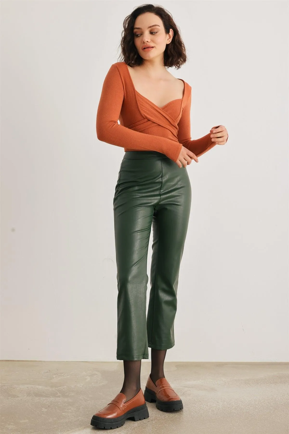 Dark Green Faux Leather High Waist Pants /2-2-2