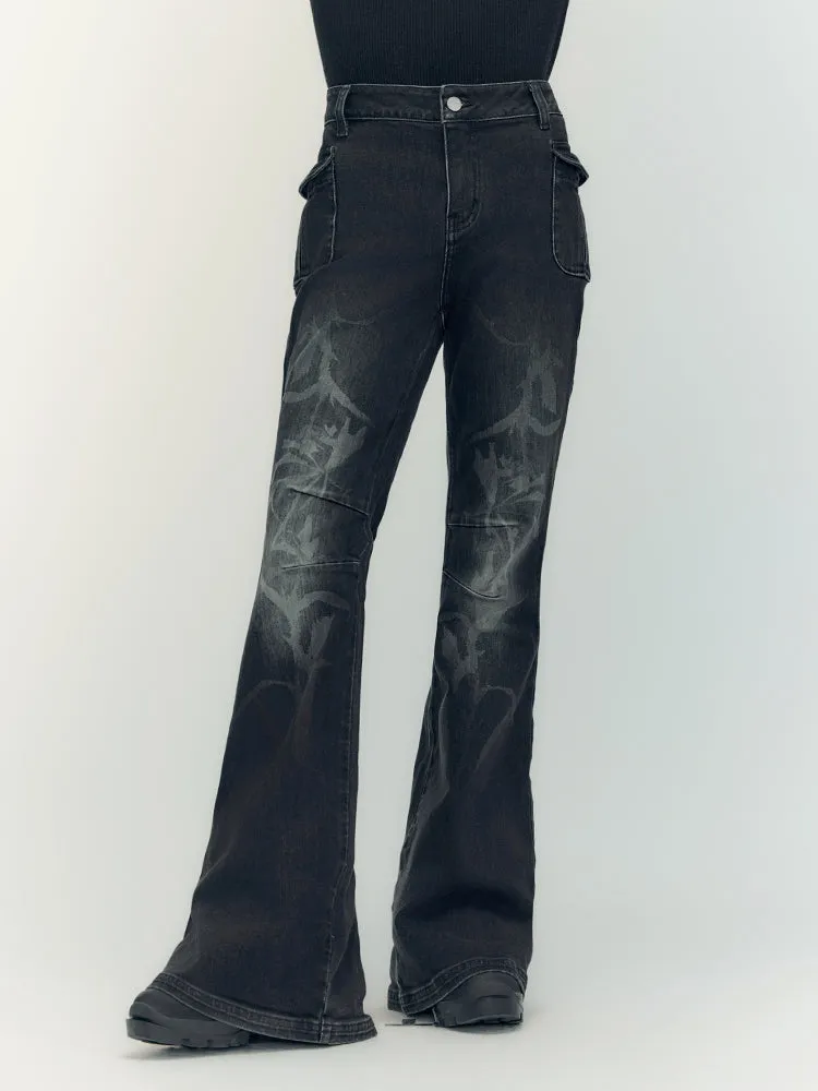 Denim Faded High-Waist Glossy Flare-Pants