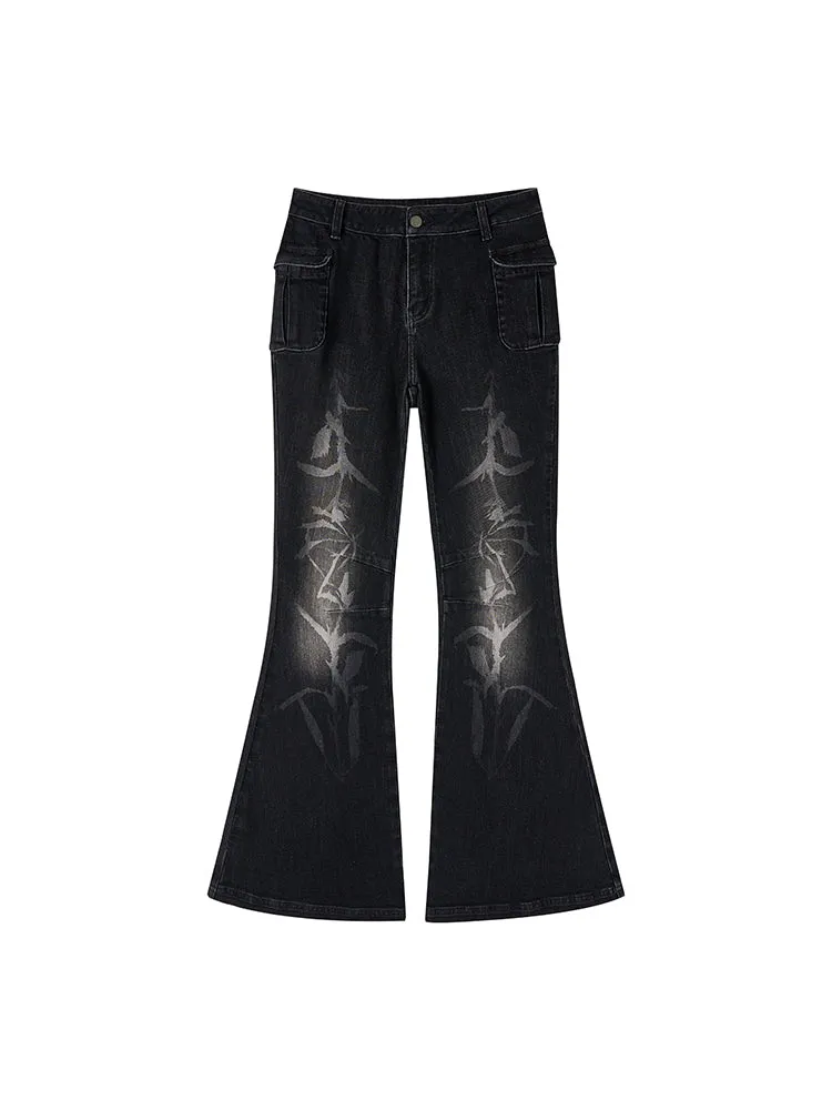 Denim Faded High-Waist Glossy Flare-Pants