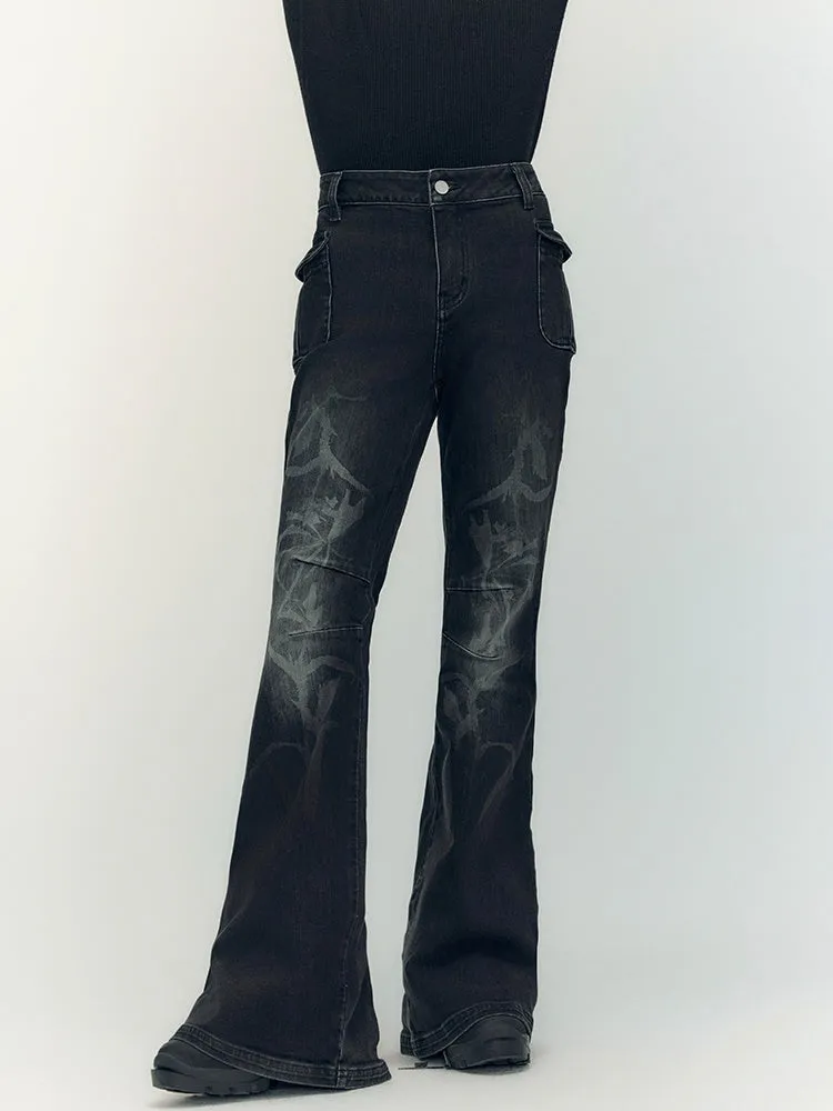 Denim Faded High-Waist Glossy Flare-Pants