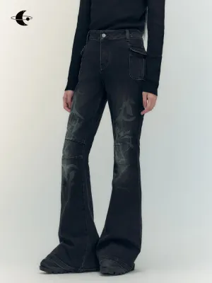 Denim Faded High-Waist Glossy Flare-Pants