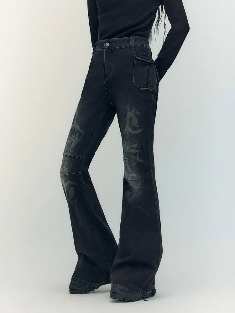 Denim Faded High-Waist Glossy Flare-Pants