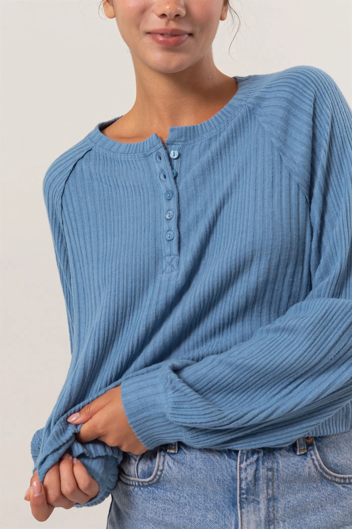 DZ25A100-Brushed Ribbed Oversized Henley Top