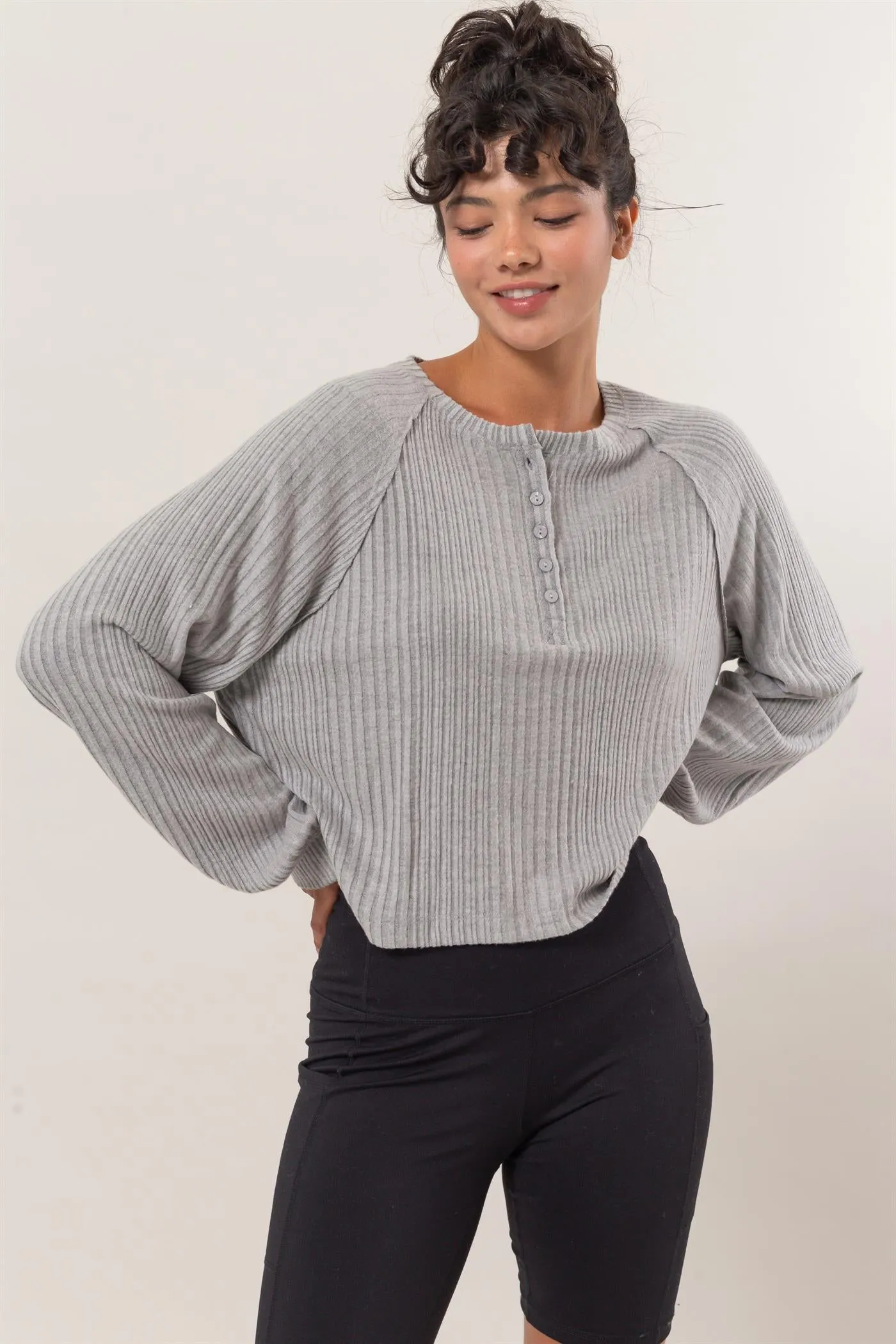 DZ25A100-Brushed Ribbed Oversized Henley Top