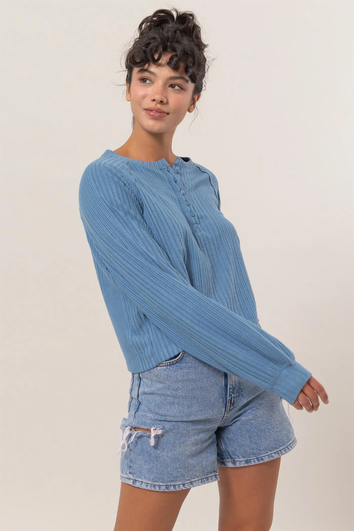 DZ25A100-Brushed Ribbed Oversized Henley Top