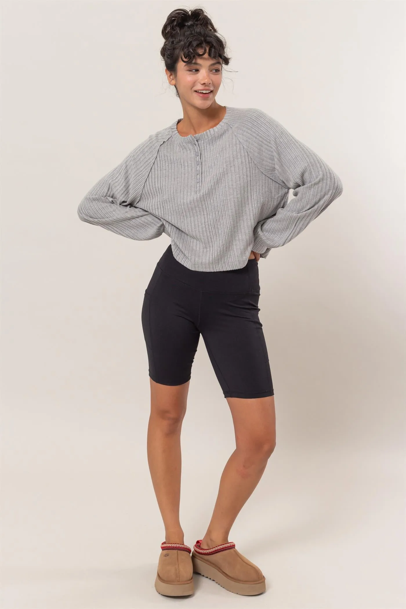 DZ25A100-Brushed Ribbed Oversized Henley Top