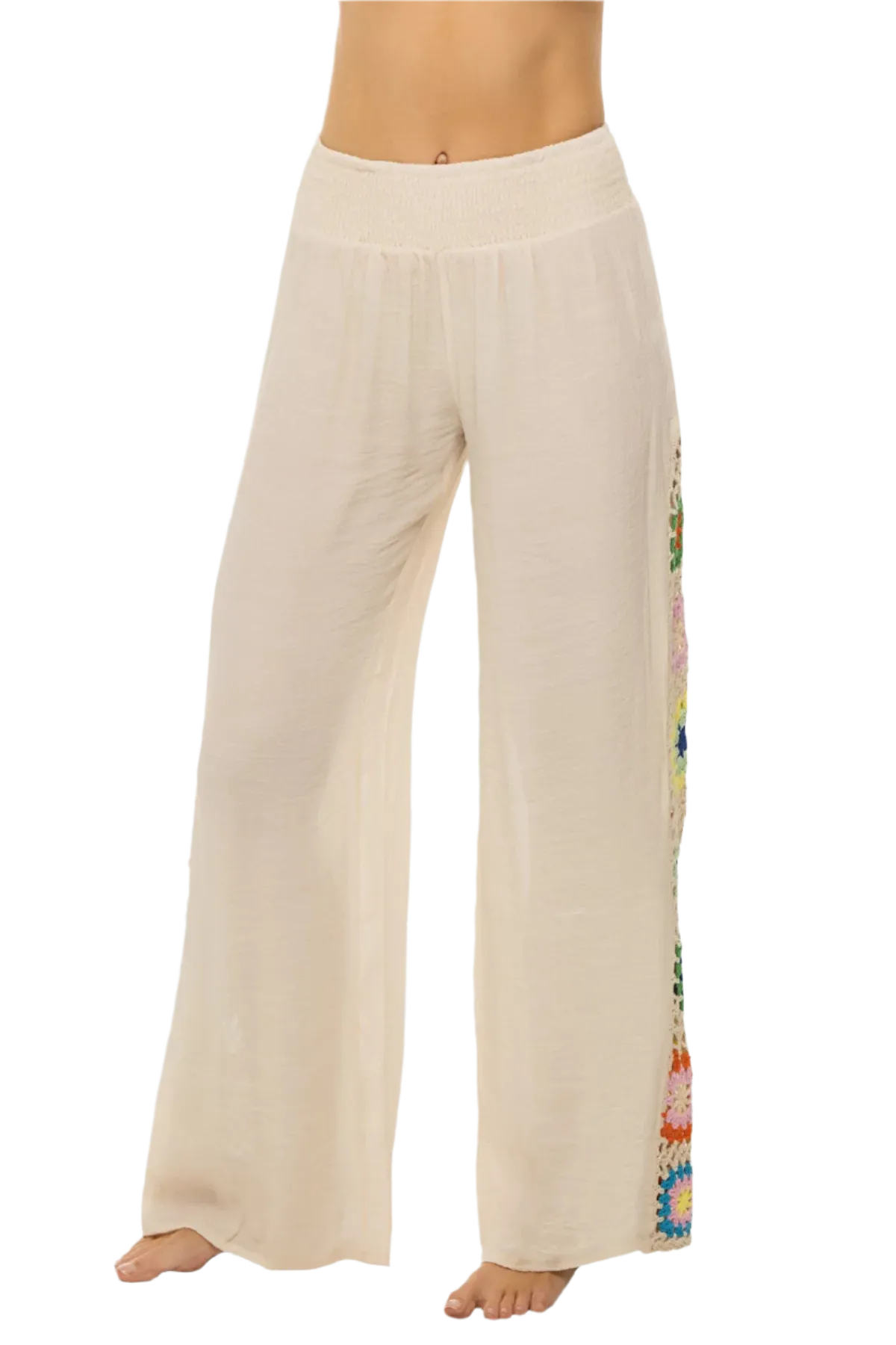 Elan Crochet Panel Wide Leg Pants - Natural