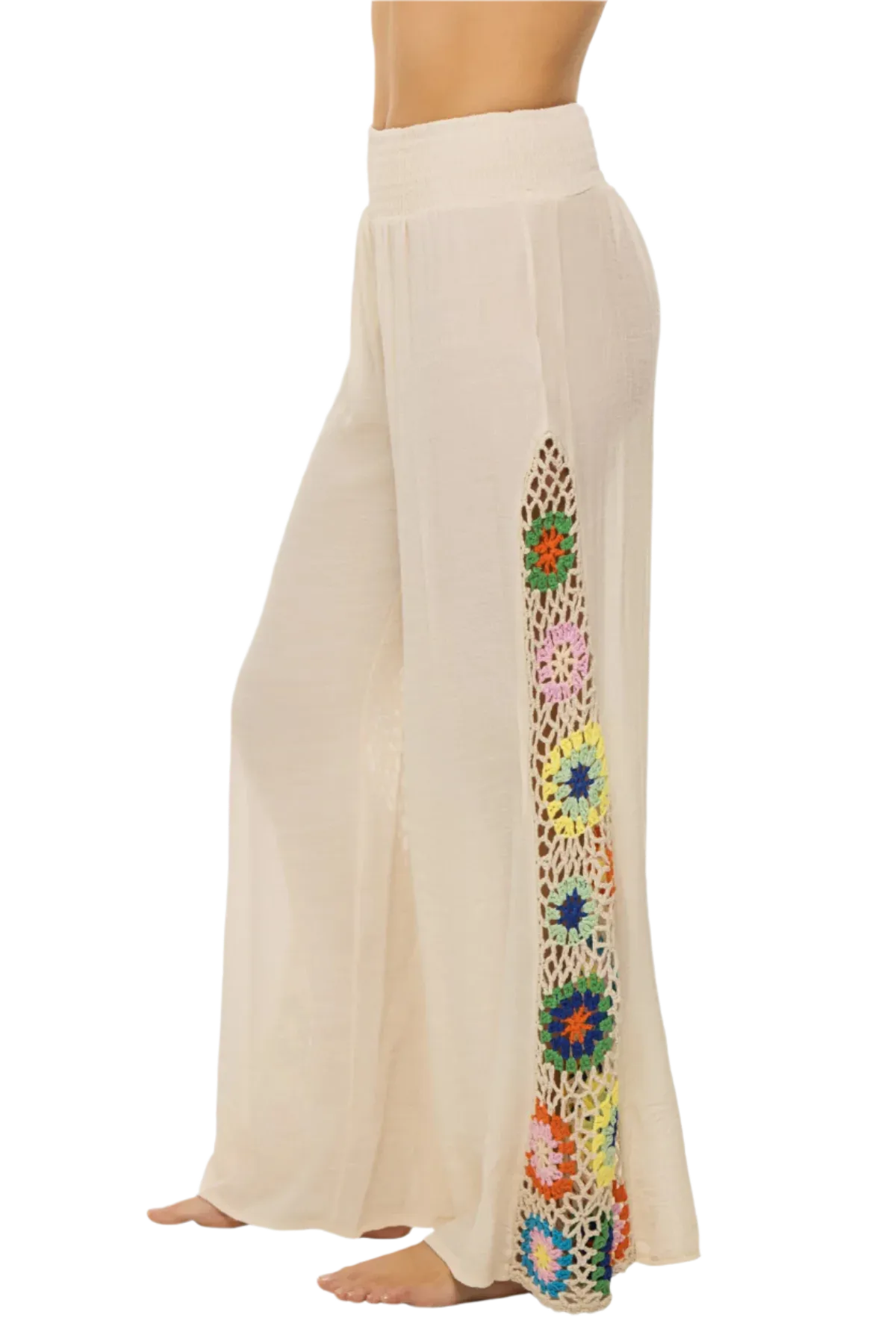 Elan Crochet Panel Wide Leg Pants - Natural