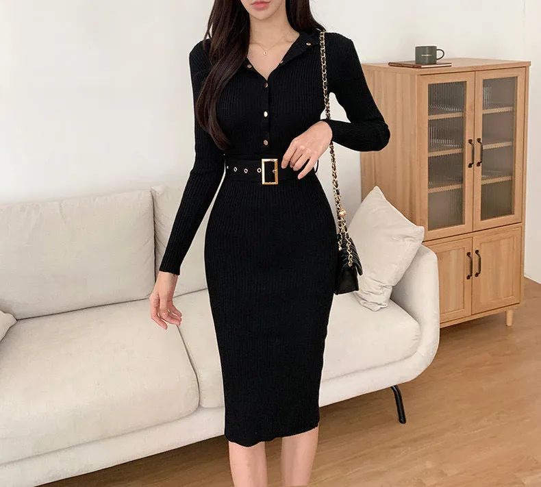 Elegant Ribbed Knit Belted Midi Dress