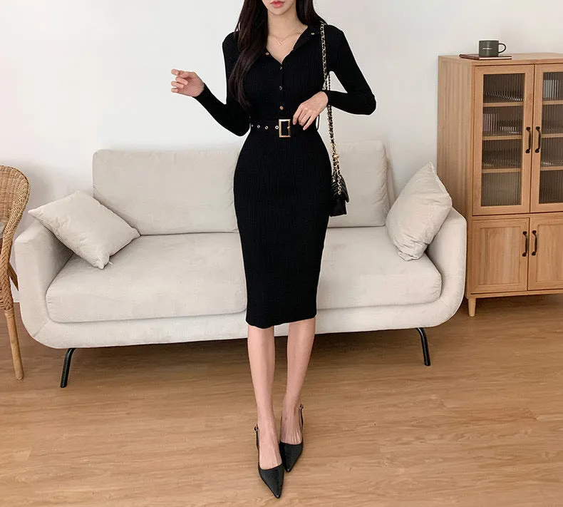 Elegant Ribbed Knit Belted Midi Dress