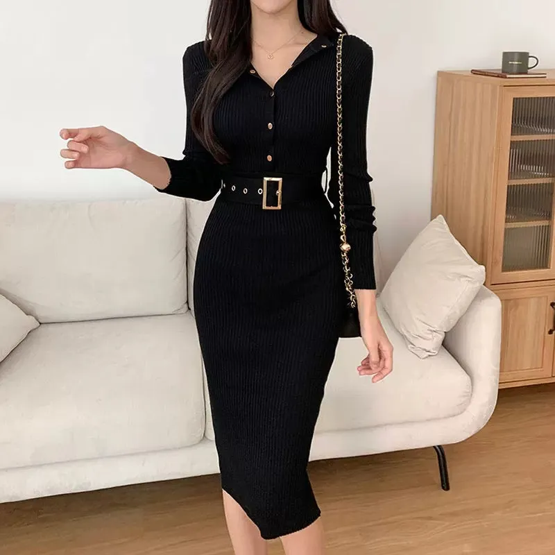 Elegant Ribbed Knit Belted Midi Dress