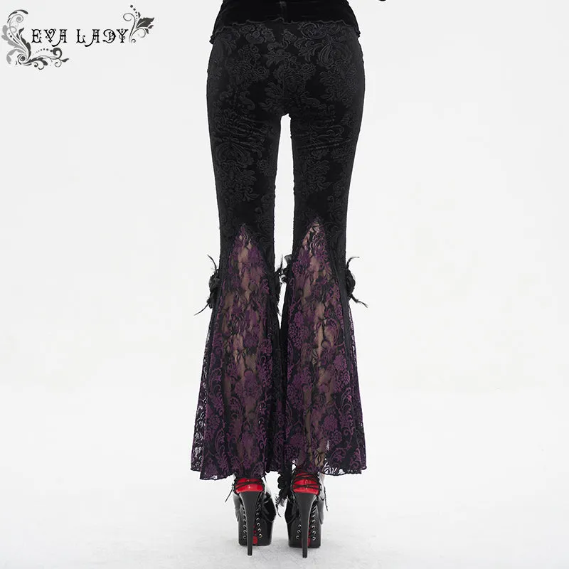 EPT01402 Black and purple Gothic velveteen embossed flared pants