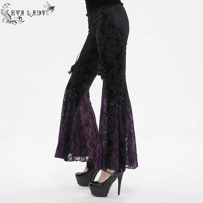 EPT01402 Black and purple Gothic velveteen embossed flared pants