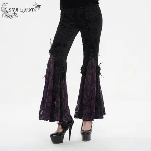 EPT01402 Black and purple Gothic velveteen embossed flared pants