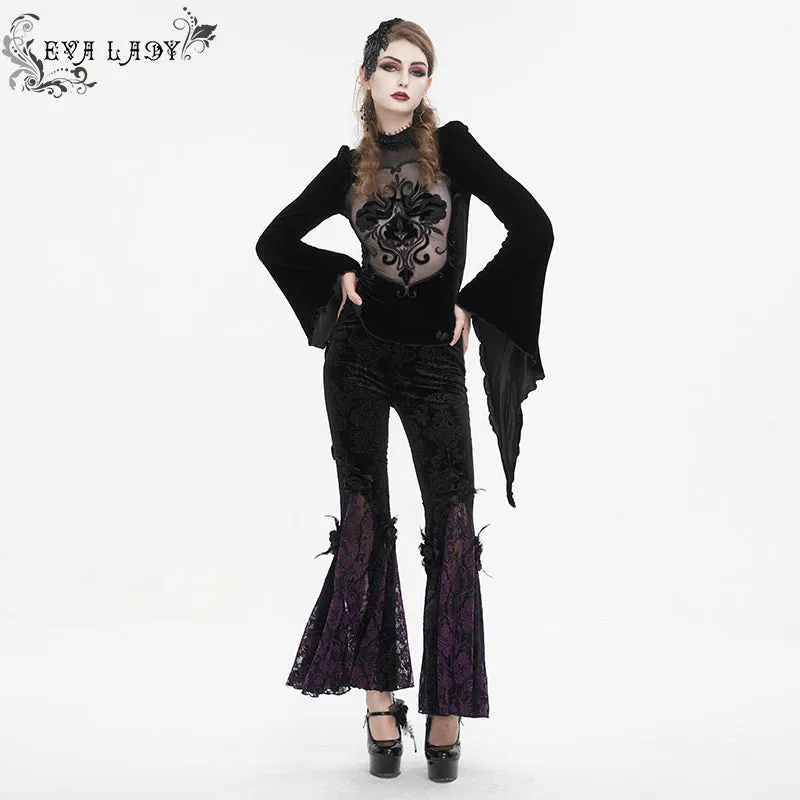 EPT01402 Black and purple Gothic velveteen embossed flared pants