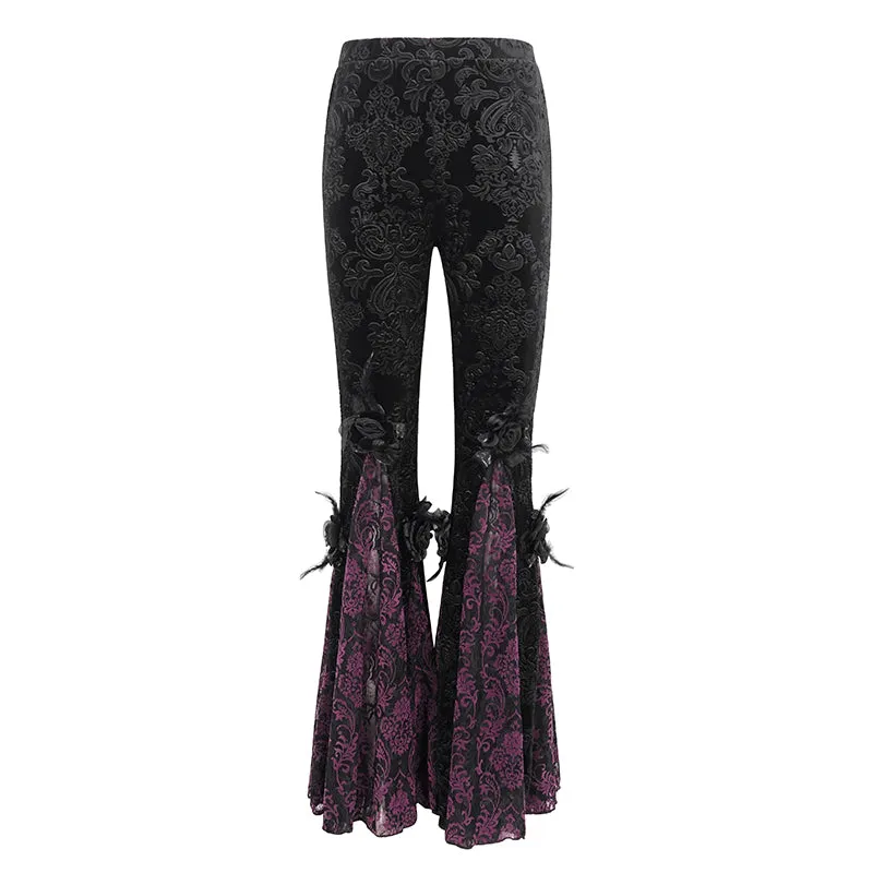 EPT01402 Black and purple Gothic velveteen embossed flared pants