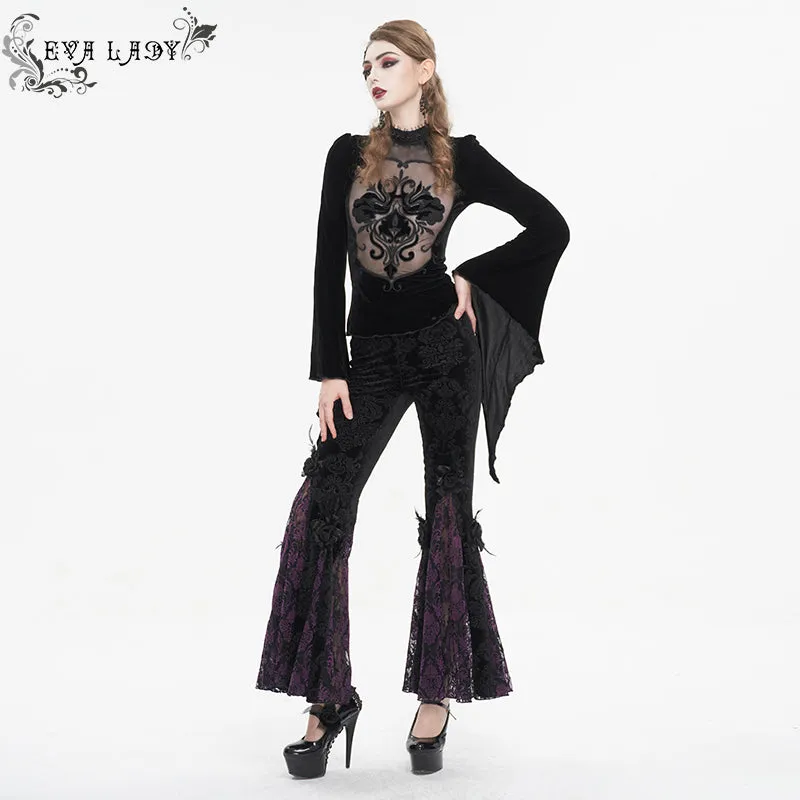 EPT01402 Black and purple Gothic velveteen embossed flared pants