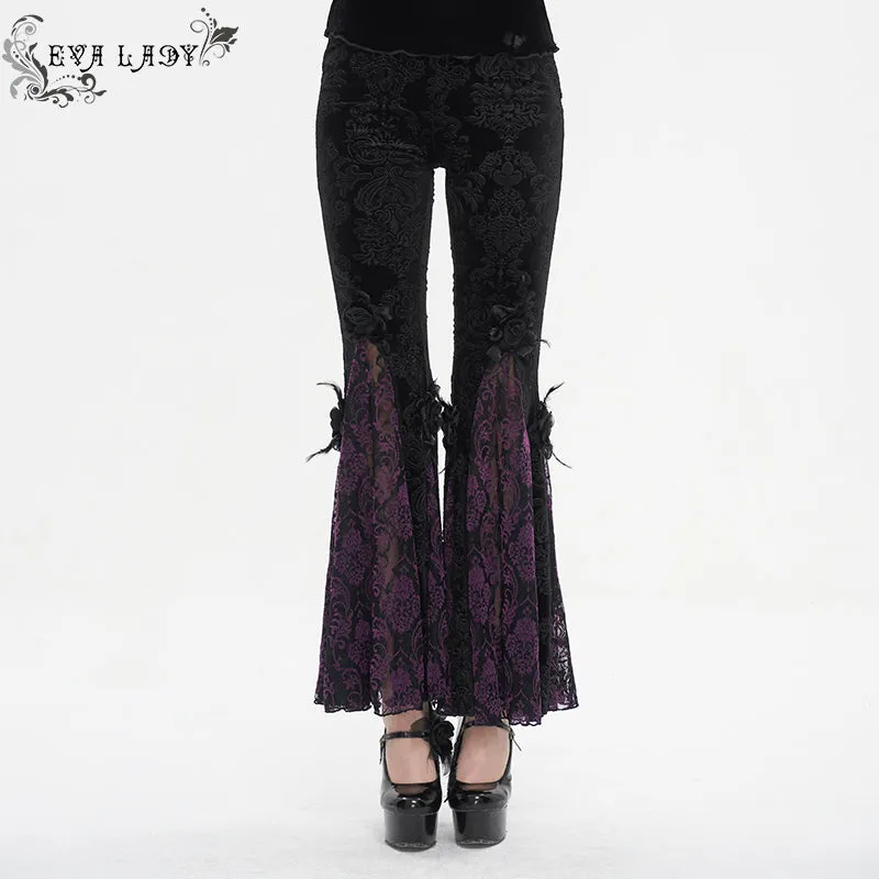 EPT01402 Black and purple Gothic velveteen embossed flared pants