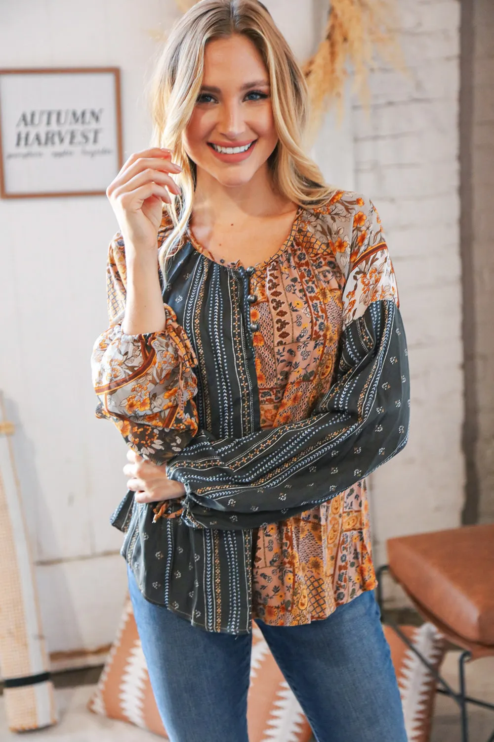 Ethnic Floral Color Block Button Down Top