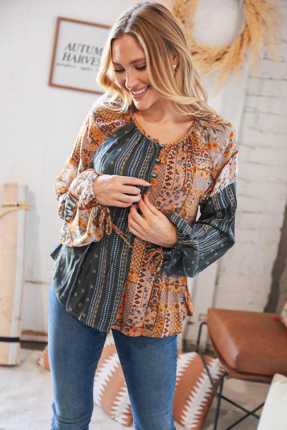 Ethnic Floral Color Block Button Down Top