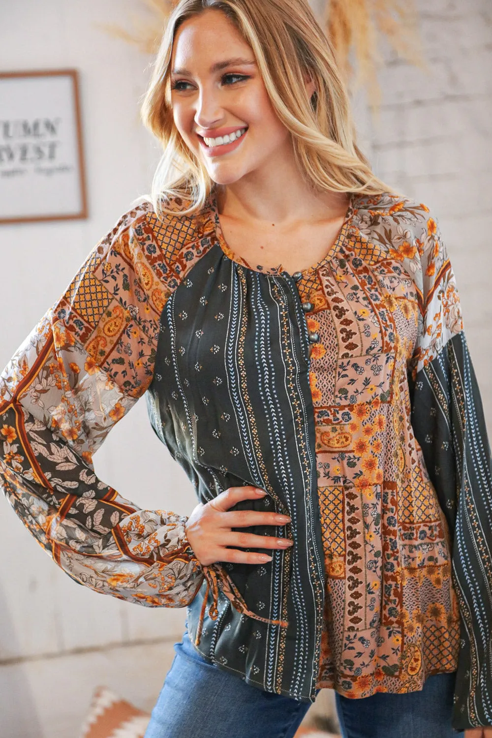 Ethnic Floral Color Block Button Down Top