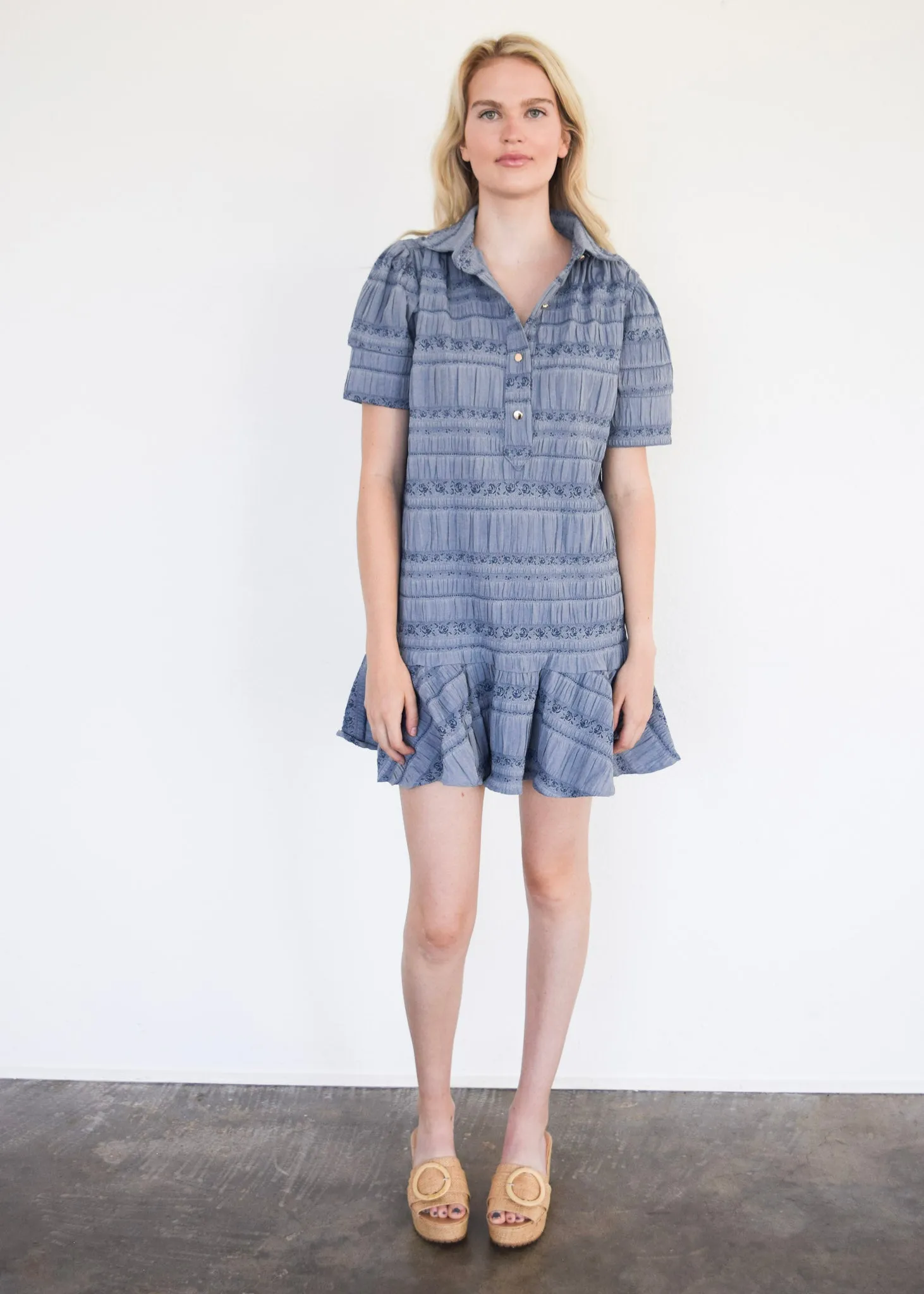 Everything Short Sleeve Dress with Ruffle Blue Floral Jacquard