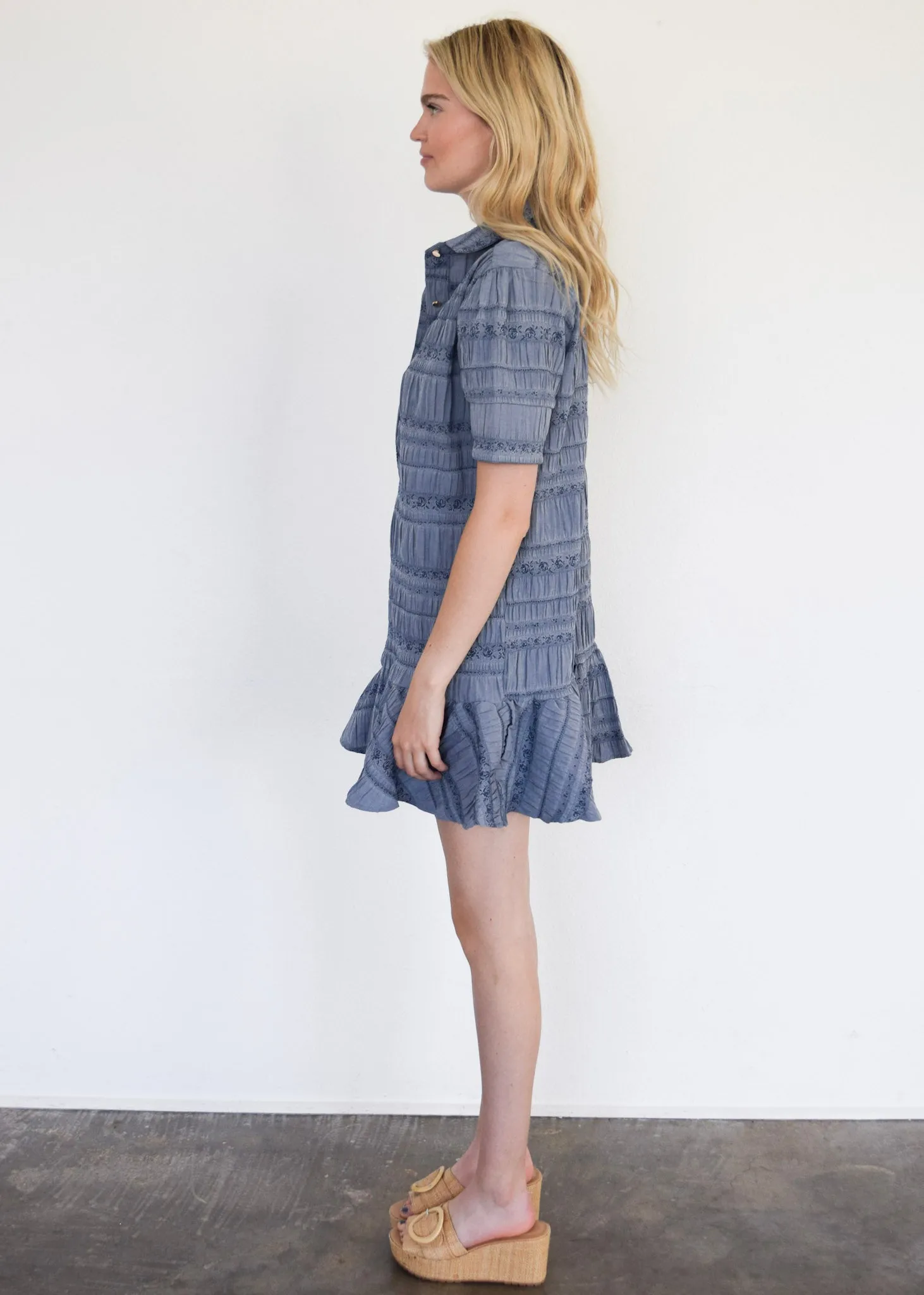 Everything Short Sleeve Dress with Ruffle Blue Floral Jacquard