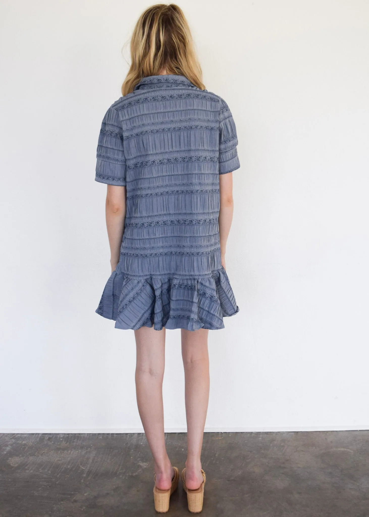 Everything Short Sleeve Dress with Ruffle Blue Floral Jacquard