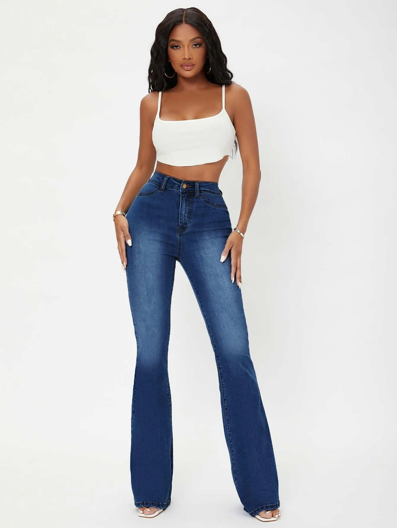 EZwear White Casual Curvy High Waist Flare Leg Jeans