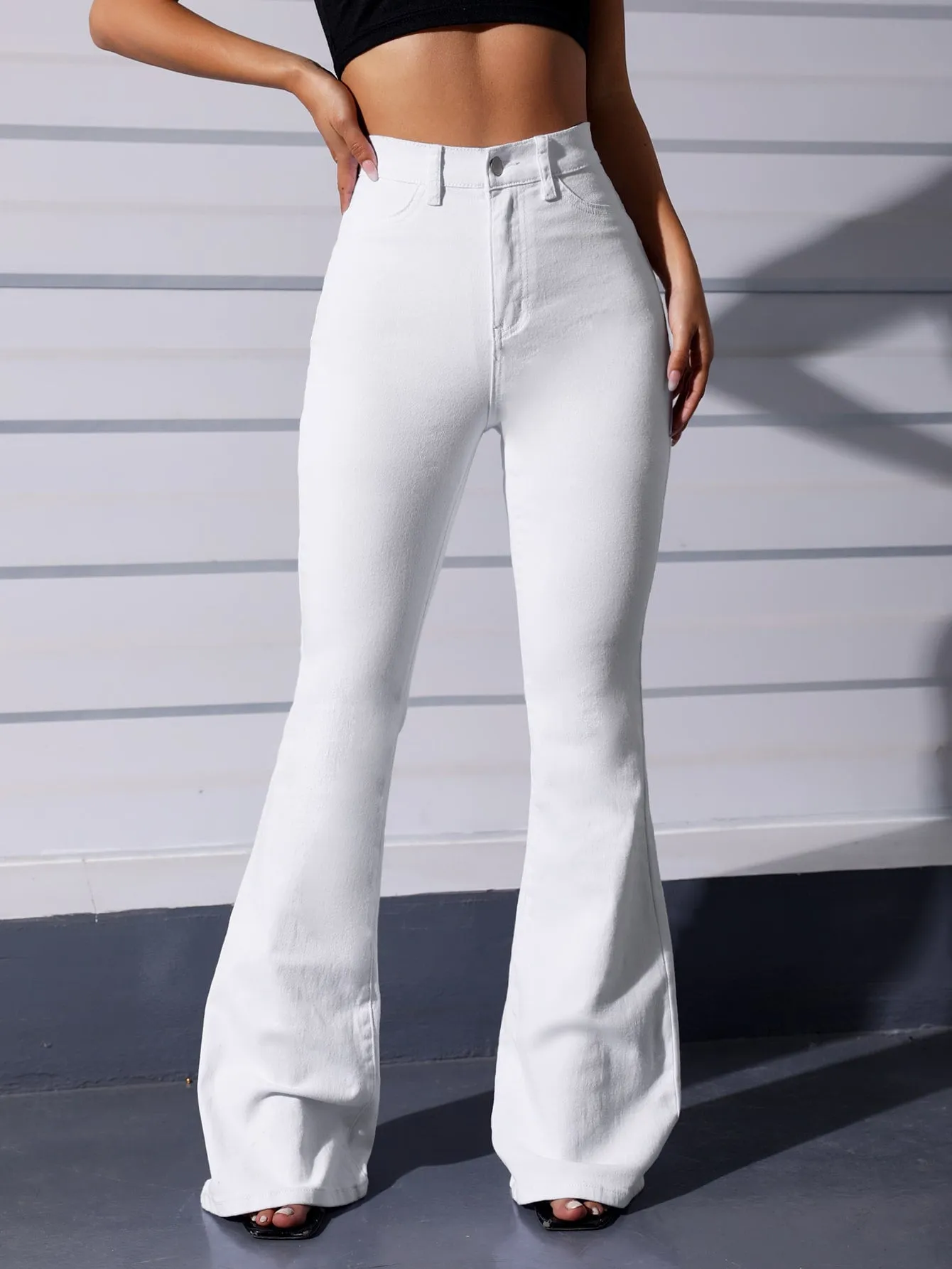 EZwear White Casual Curvy High Waist Flare Leg Jeans