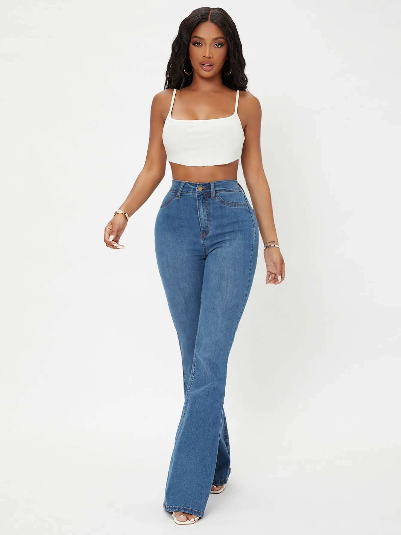 EZwear White Casual Curvy High Waist Flare Leg Jeans