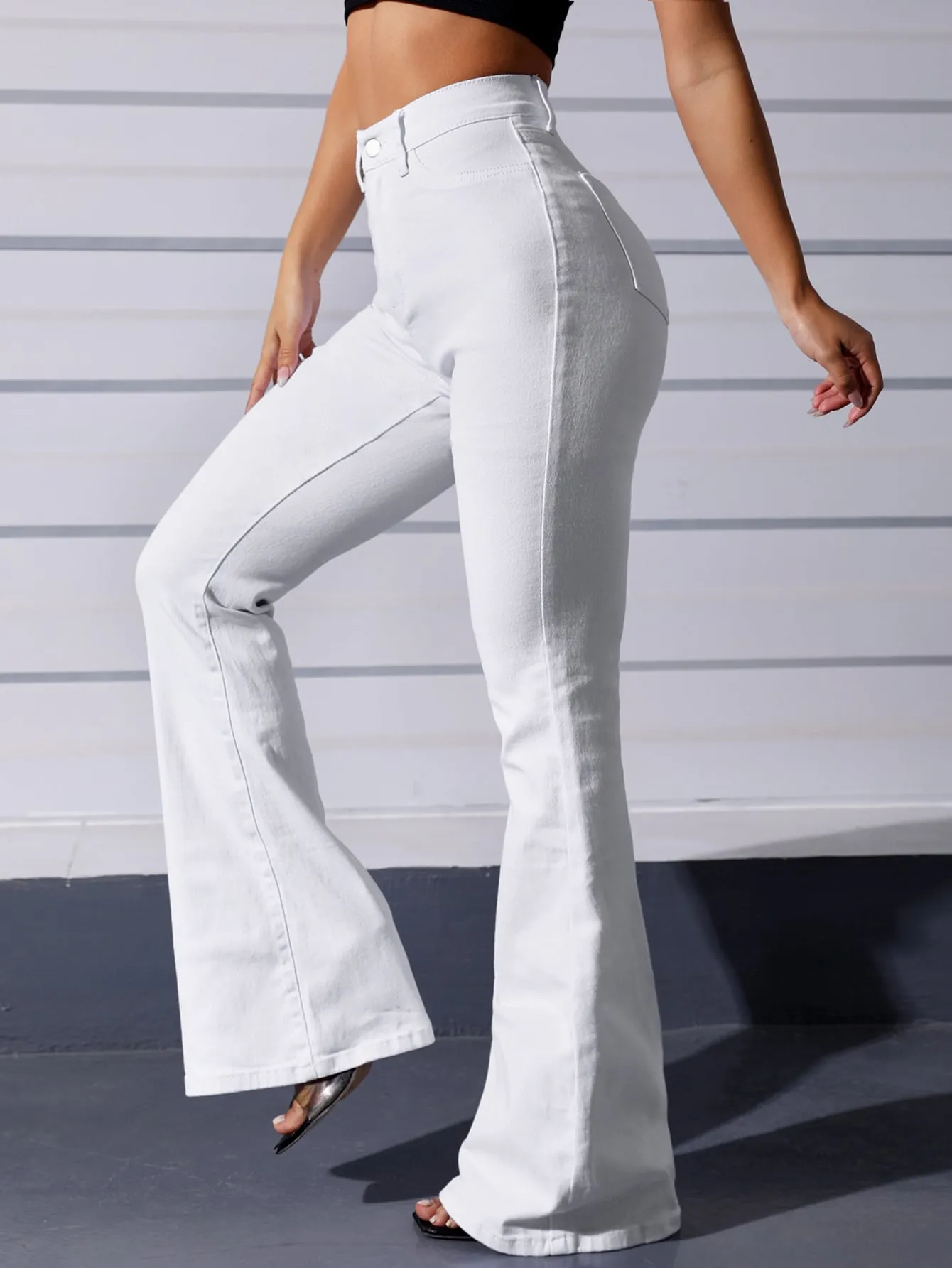 EZwear White Casual Curvy High Waist Flare Leg Jeans