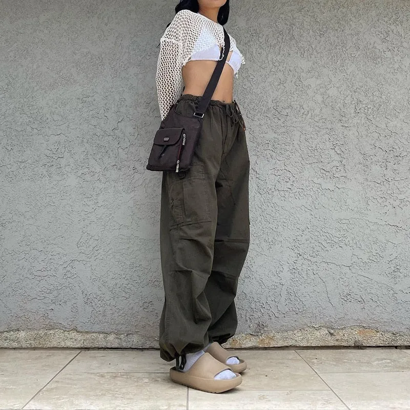 Fashionkova   Y2K Cargo Pants Women Casual Loose Drawstring Low Waist Pockets Baggy Wide Leg Sweatpants 2022 Streetwear Hippie Korean Joggers