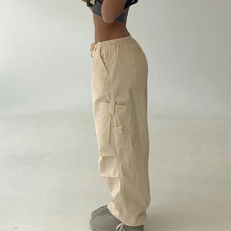 Fashionkova   Y2K Cargo Pants Women Casual Loose Drawstring Low Waist Pockets Baggy Wide Leg Sweatpants 2022 Streetwear Hippie Korean Joggers