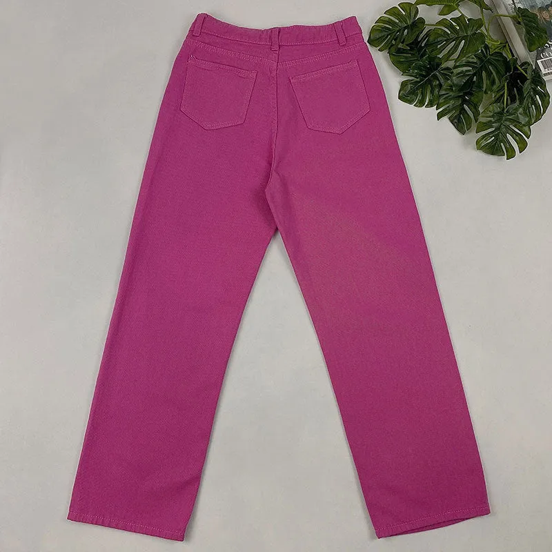 FashionSierra - Hot Pink Pants Jeans Y2k Baggy Women Straight Leg Denim Streetwear High Waist Women's Loose Pants