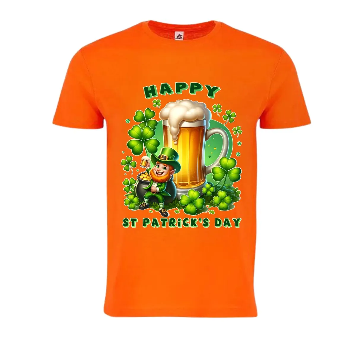 Festive Orange St. Patrick's Day Leprechaun & Shamrock T-Shirt