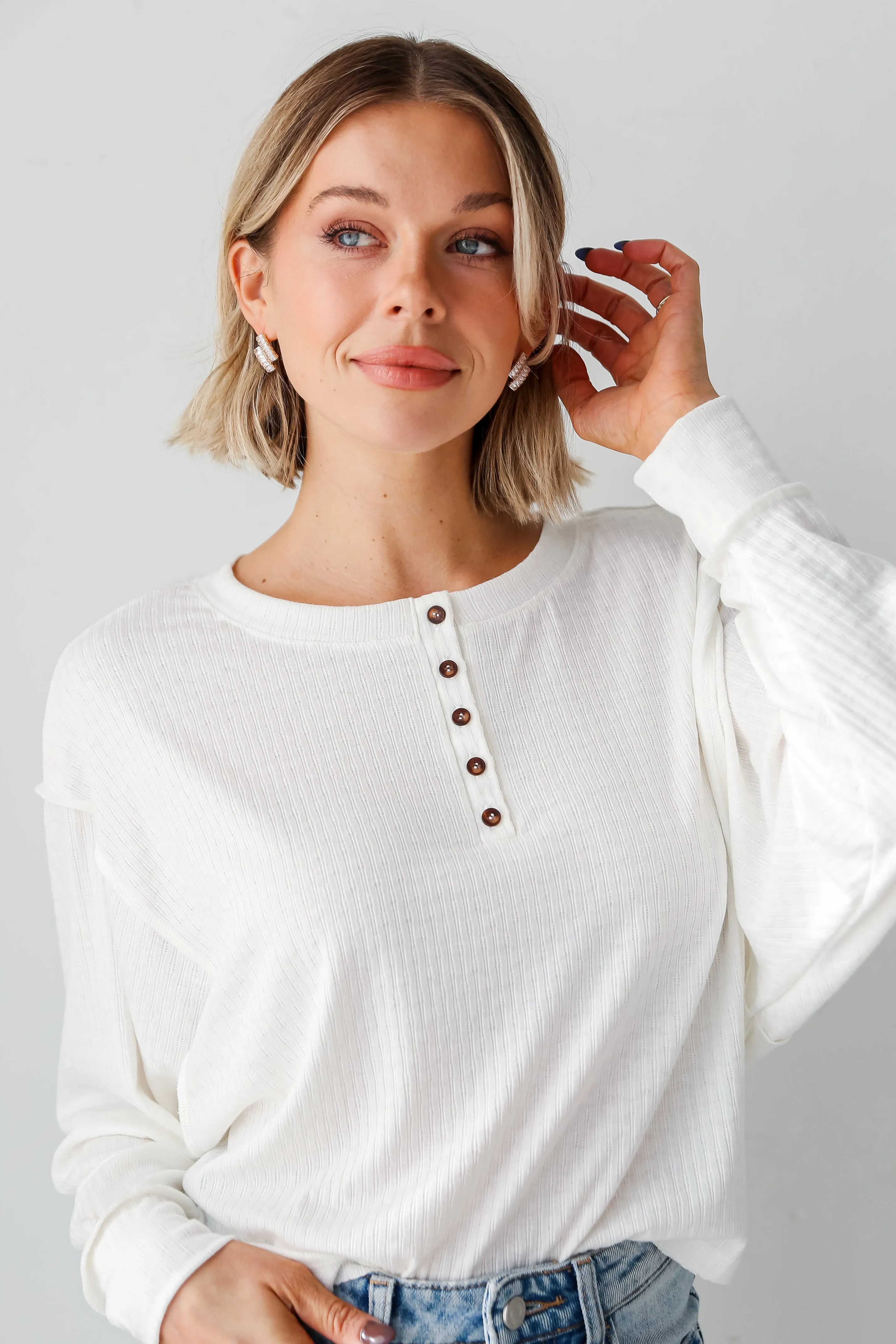 FINAL SALE - Amber White Henley Knit Top - DU DEAL