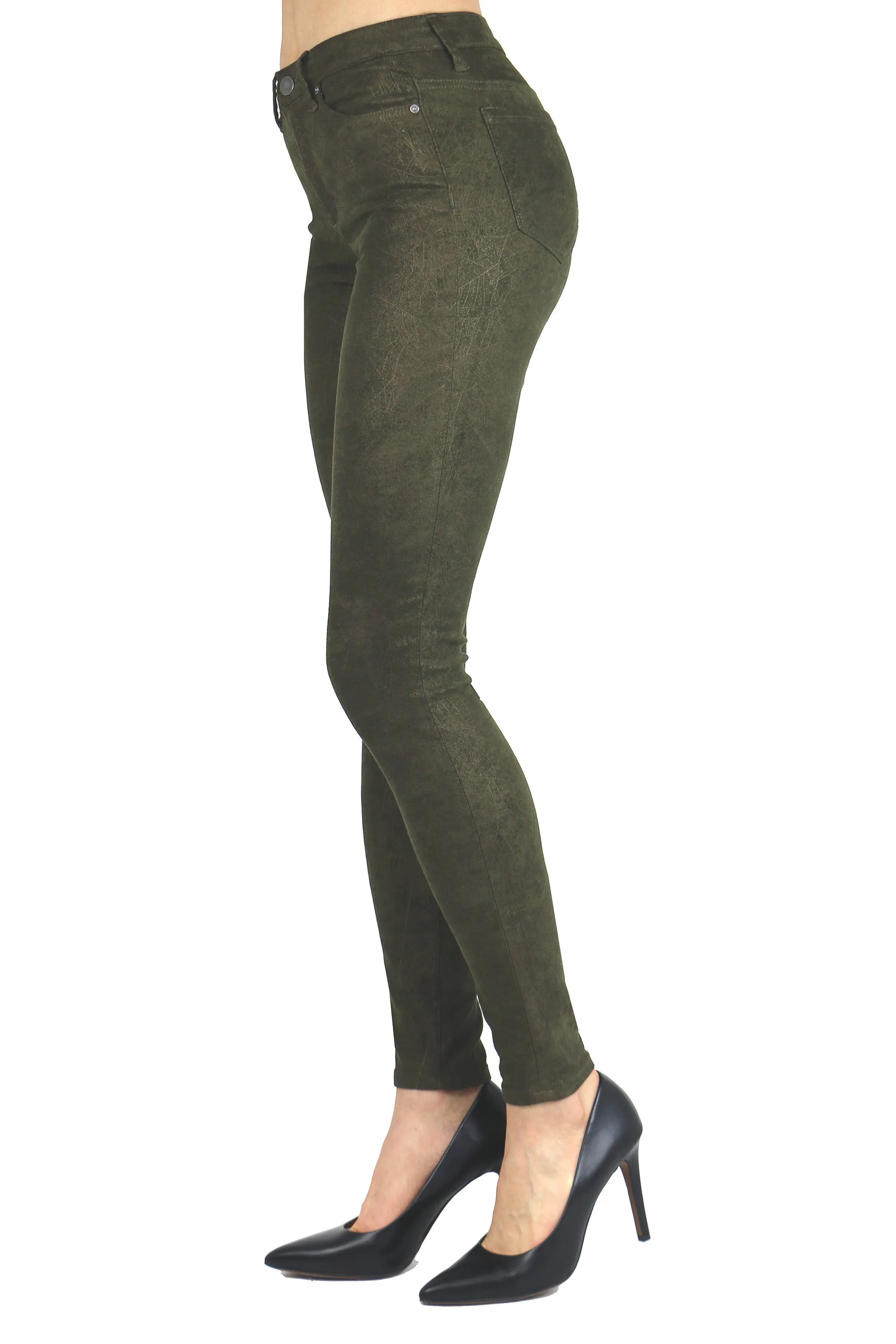 Five Pocket High Waist Foil Print Suede In Green