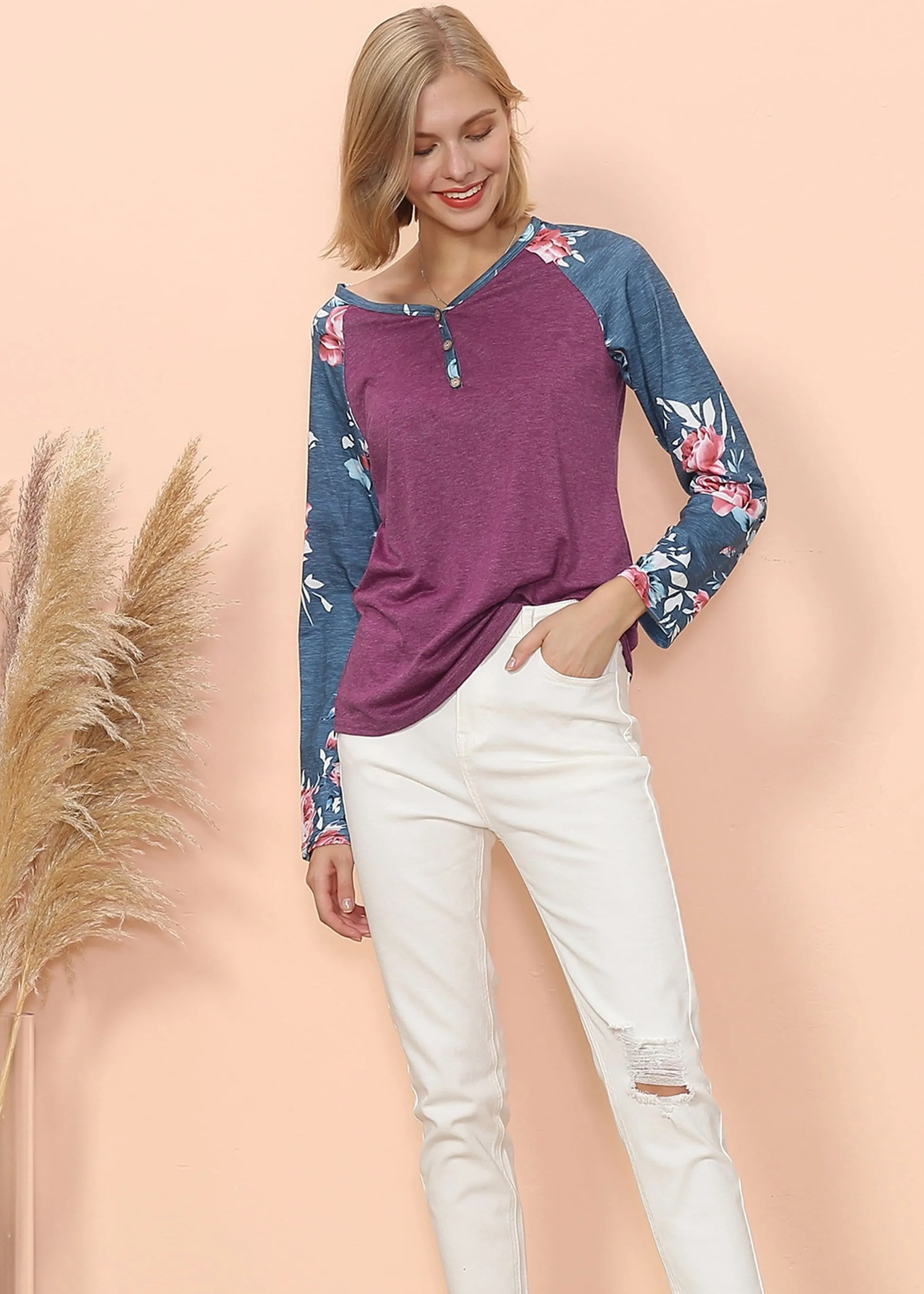 Floral Print Henley Long Sleeve