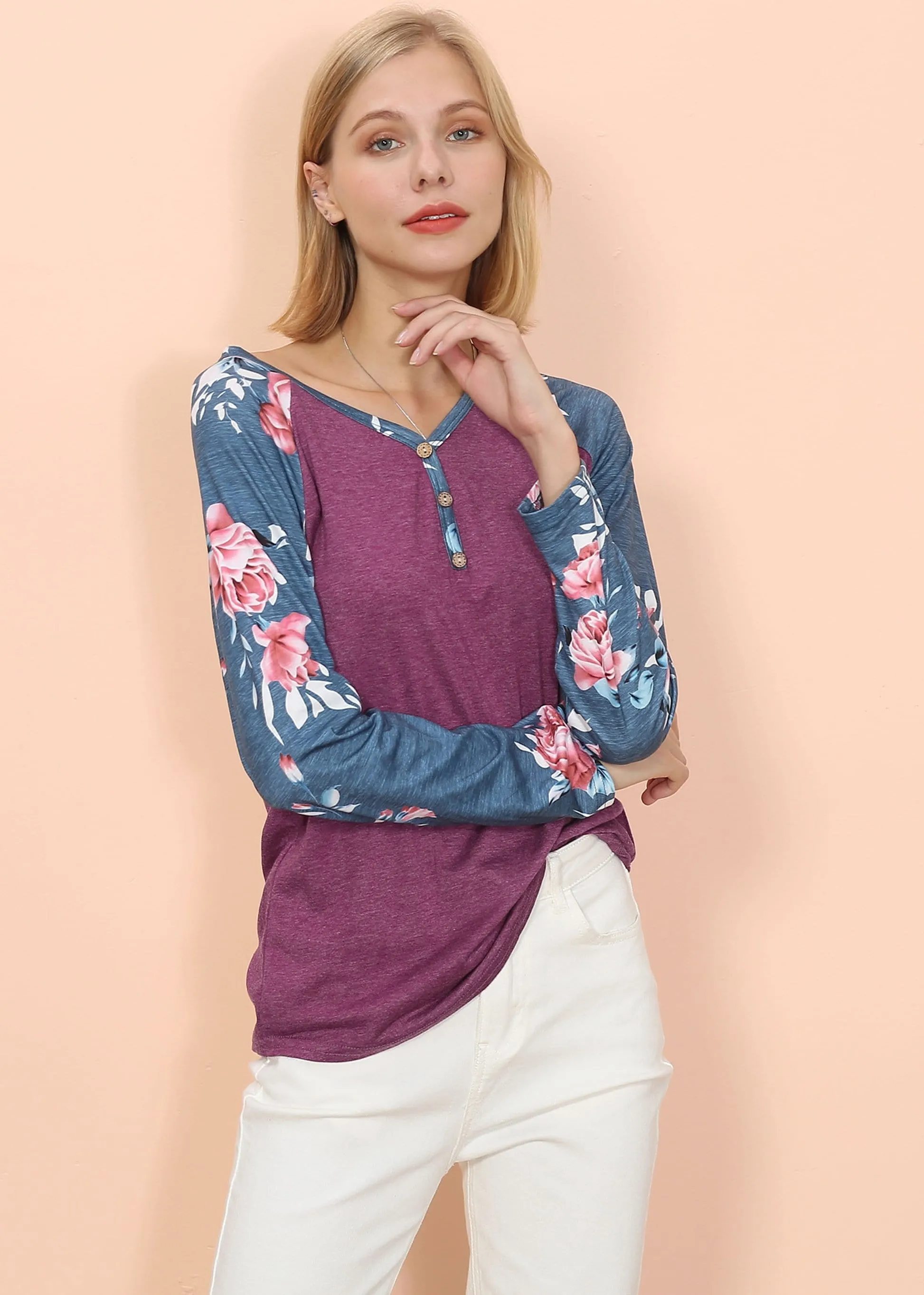 Floral Print Henley Long Sleeve