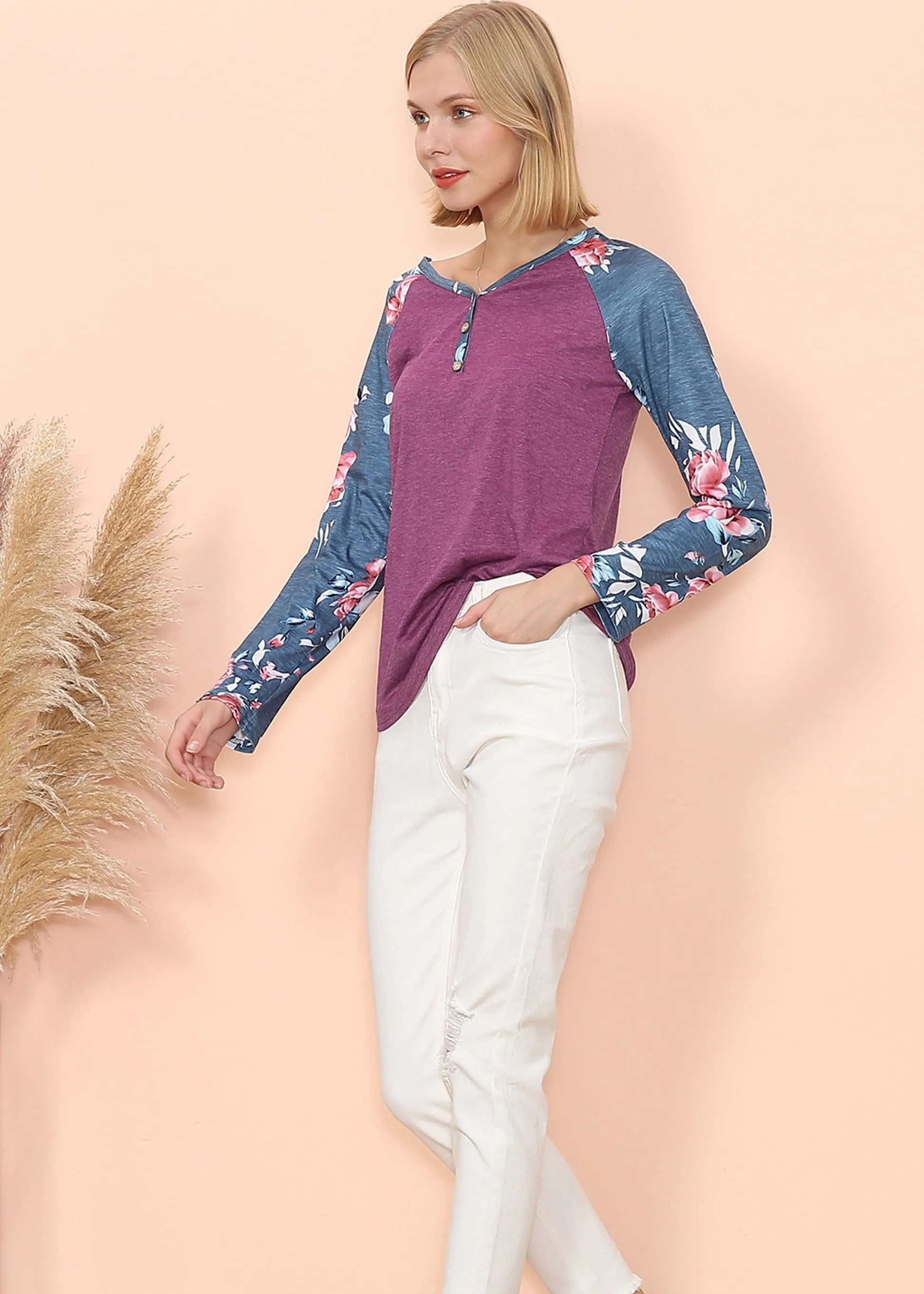 Floral Print Henley Long Sleeve