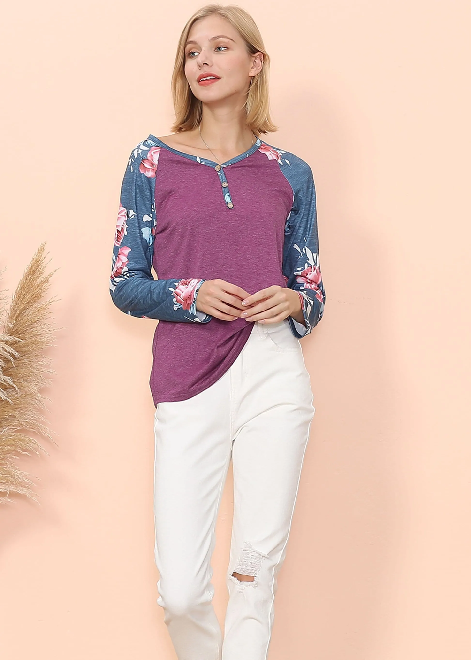 Floral Print Henley Long Sleeve