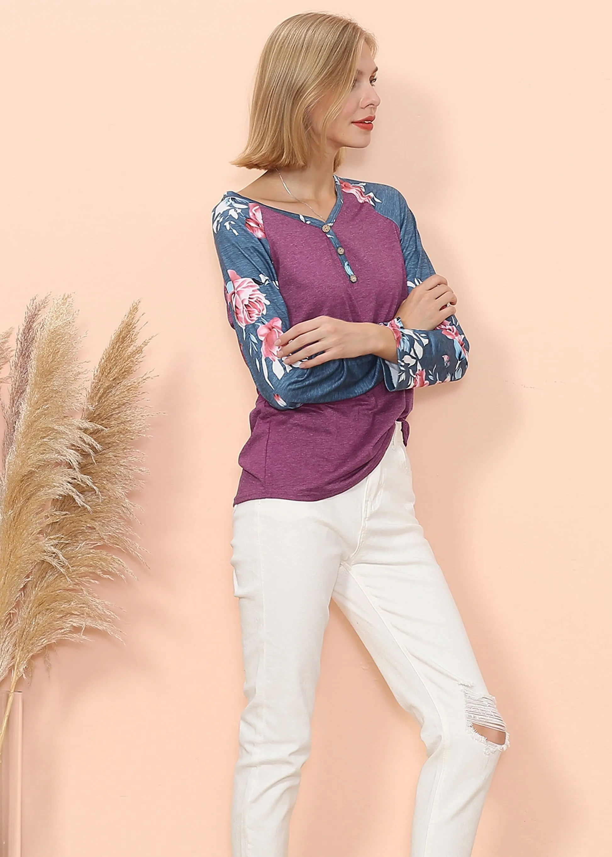 Floral Print Henley Long Sleeve