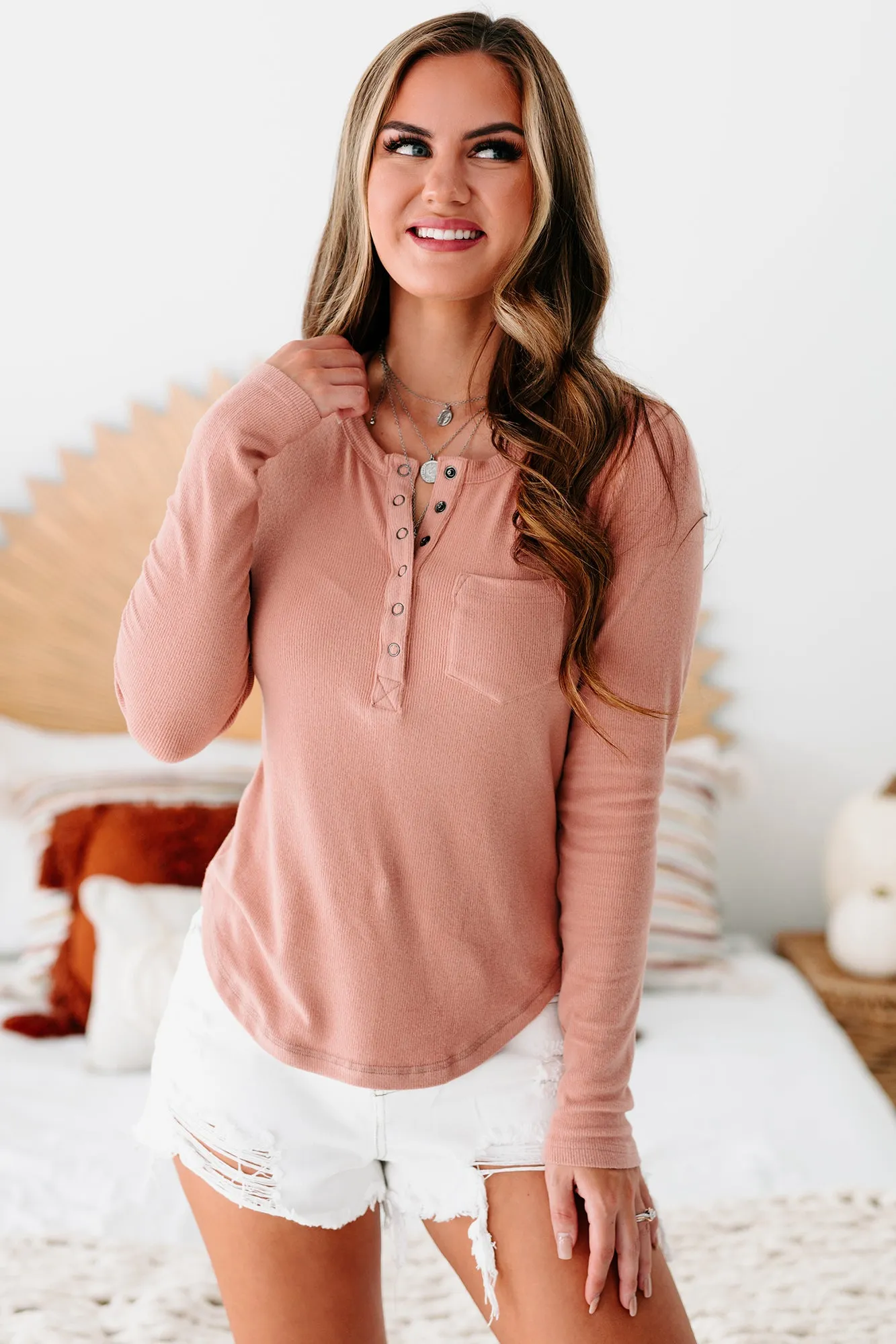 Fostering Friendships Ribbed Long Sleeve Henley Top (Blush)